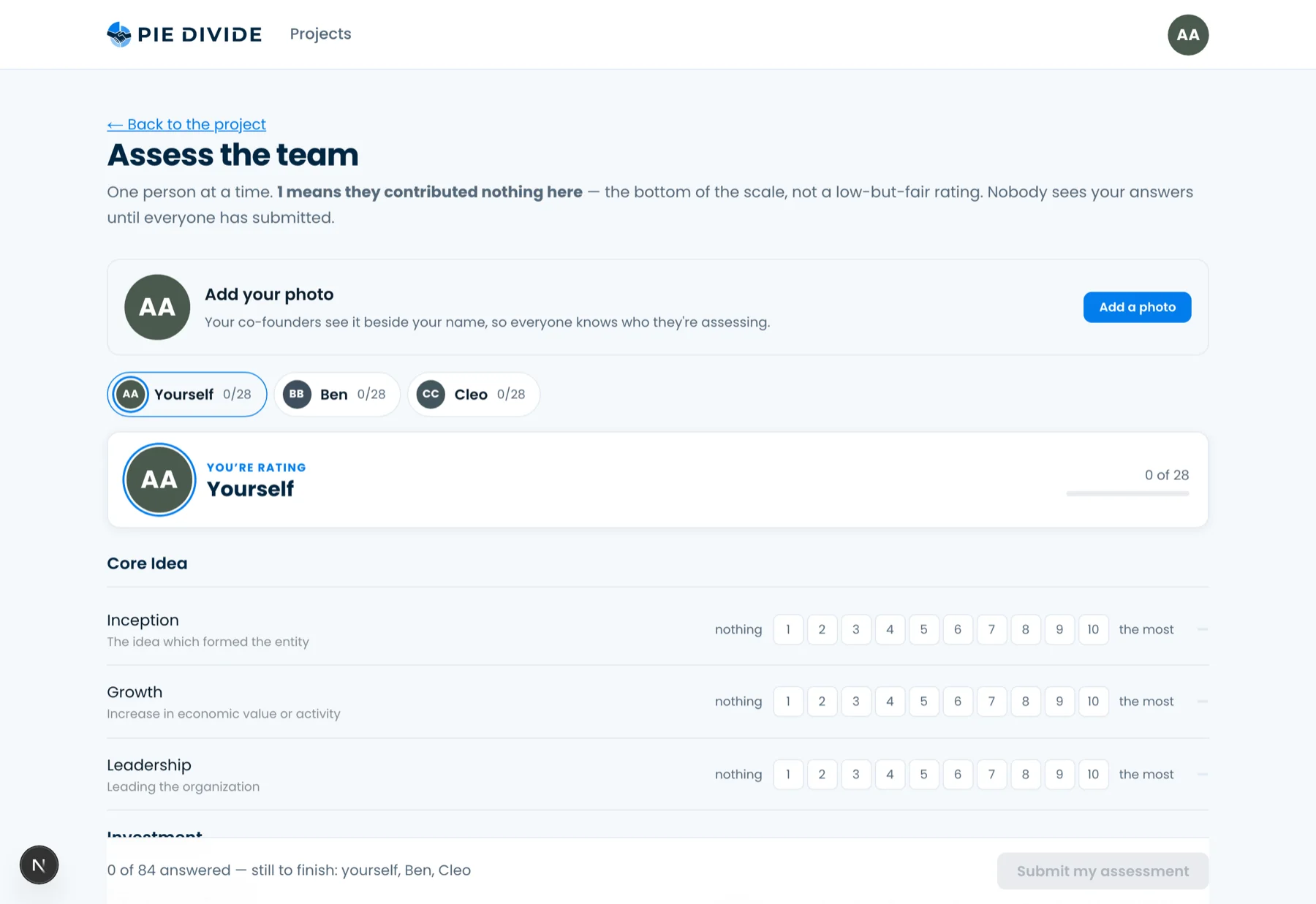 The assessment screen: one co-founder at a time, each contribution scored on a scale from nothing to ten.